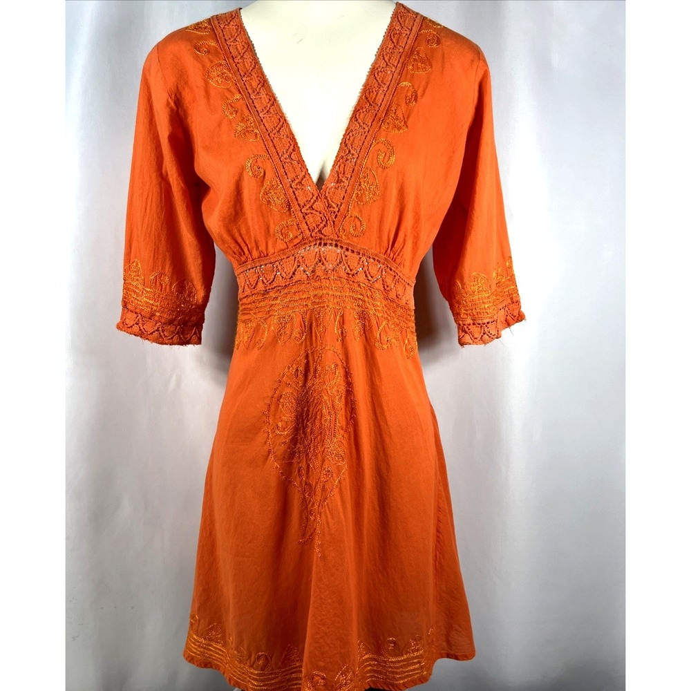 Debbie Katz South Beach Women's Orange Boho Embroidered Tunic Dress Size Medium